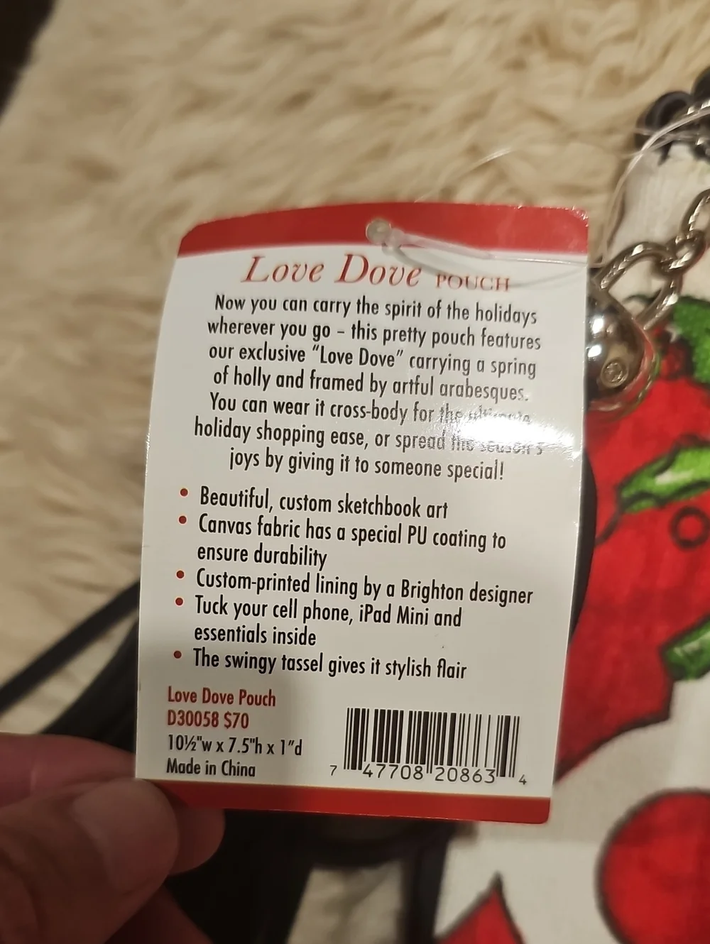 BRIGHTON Love Dove Pouch Crossbody Bag Red Bird Holiday Print Heart NWT